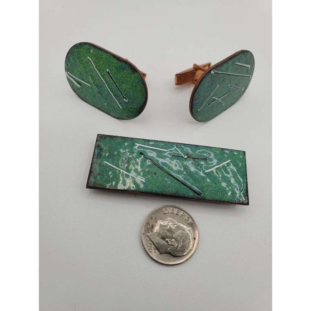 Vtg MCM Copper Green Enamel Men Cuff Links Tie Clip Modern Art